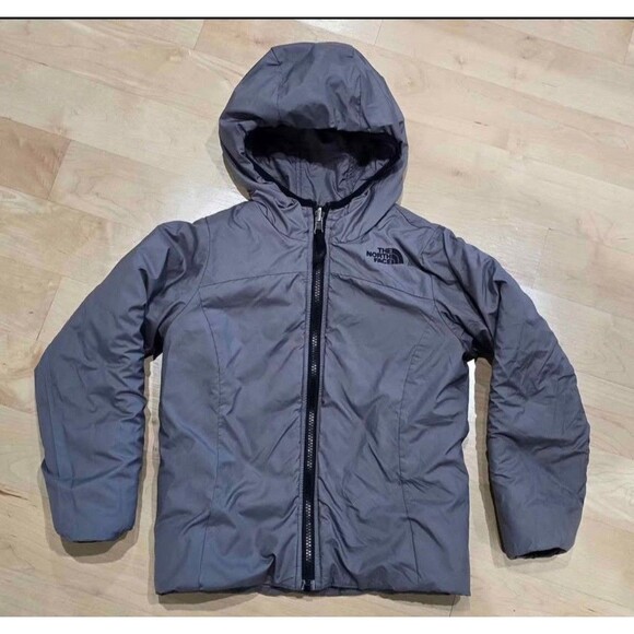 The North Face Girls Gray Black Reversible Fleece Hooded Jacket Size 6 - Picture 7 of 9